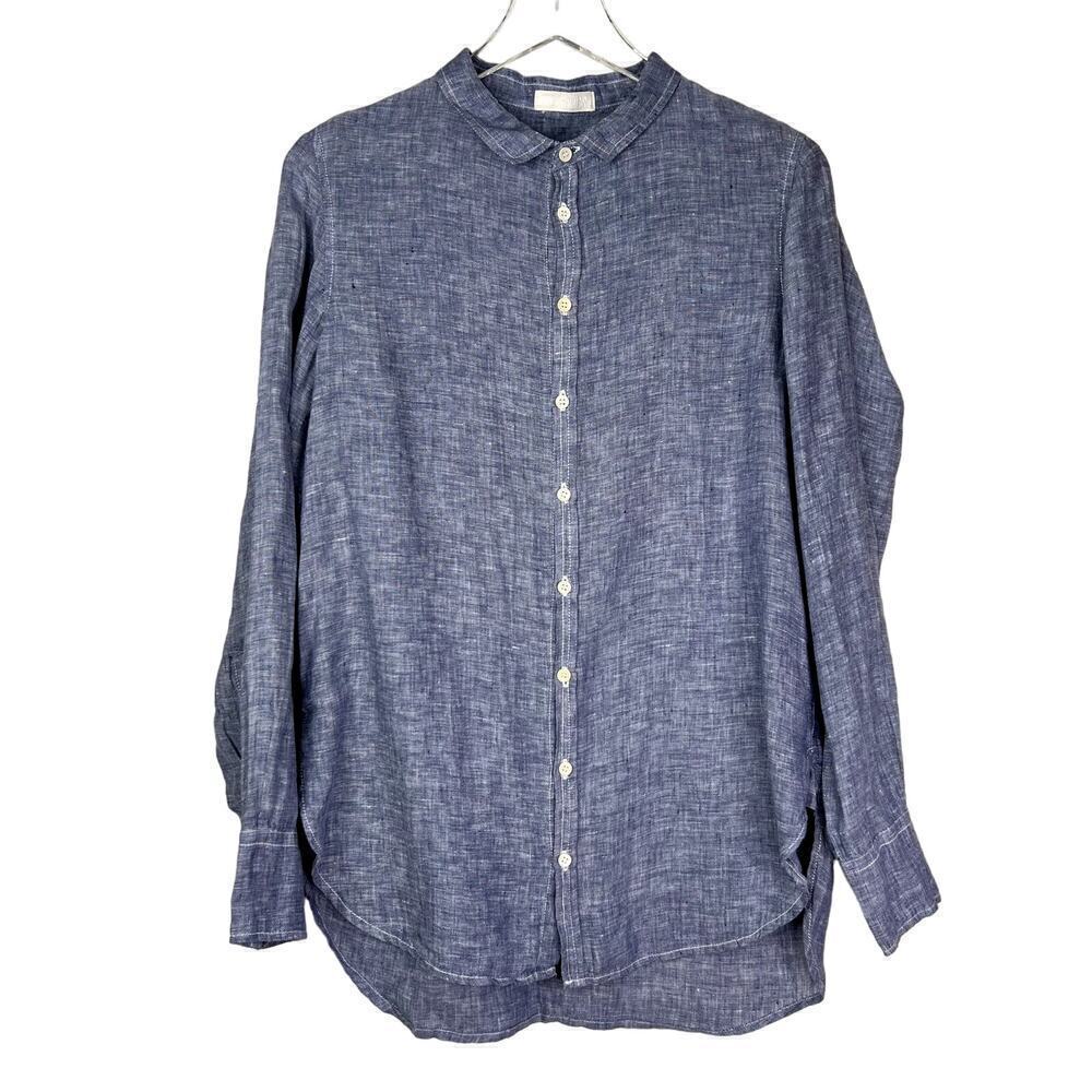 CP Shades 100% Linen Button Down Long Sleeve Shirt Blue SMALL Collar
